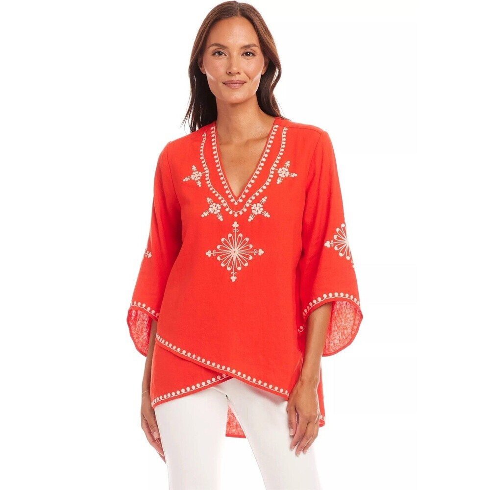 Karen Kane Linen Blend Embroidered V-Neck Tunic Top Orange White Large Boho